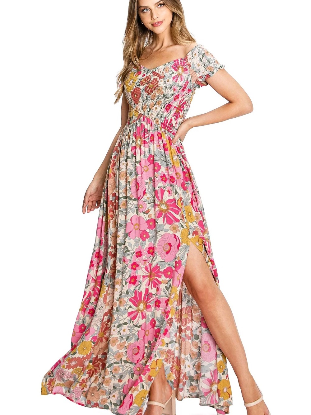 VICI Floral Off-Shoulder Pink & Yellow Maxi Dress